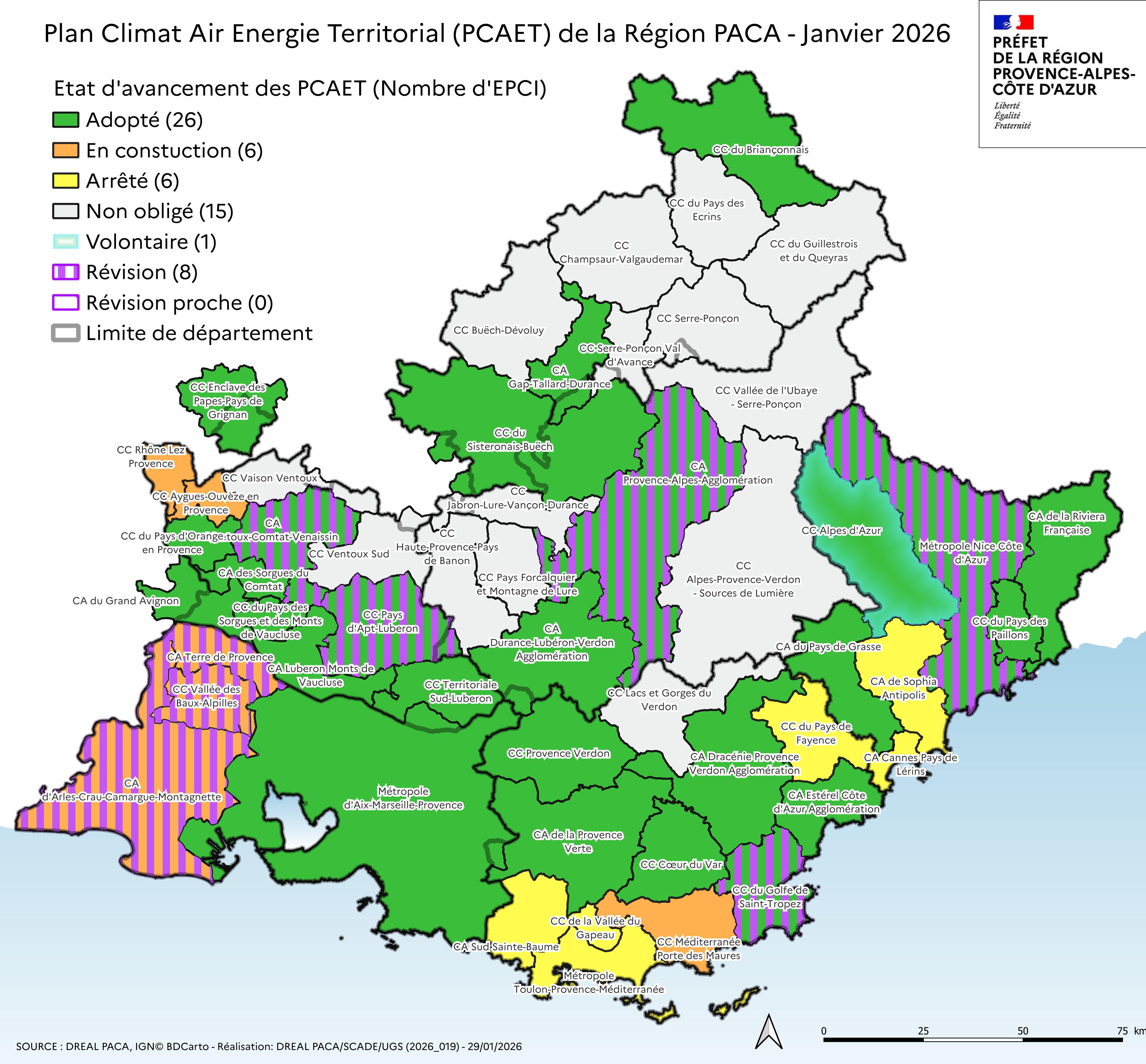 Carte des PCAET PACA au 31 décembre 2025