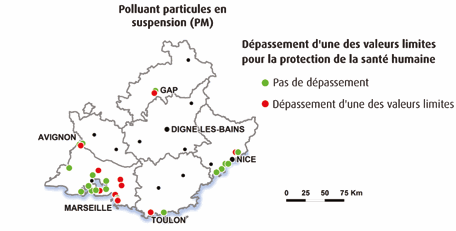 Etat de la pollution de l’air par les particules fines (PM10) (données pollution année 2012 et PPA décembre 2013 - source : Air PACA)