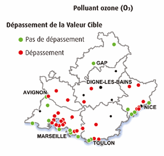 État de la pollution de l’air par l’ozone (O3) (données pollution année 2012 et PPA décembre 2013 - Source : Air PACA)